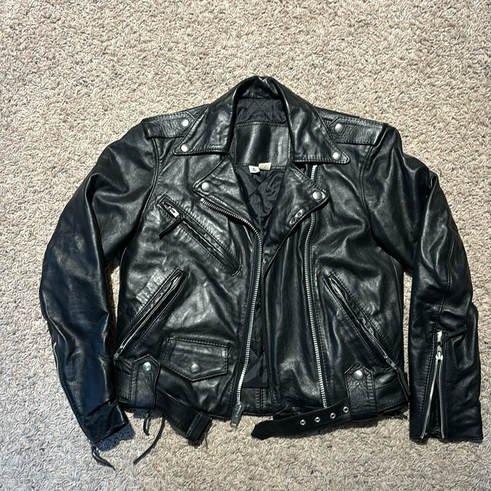 Harley Davidson black leather motorcycle jacket.